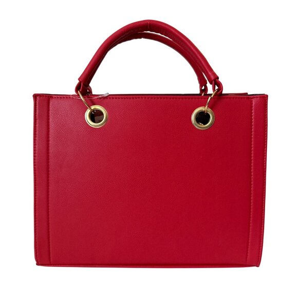 Tooled multicolored hummingbird on a vegan leather red satchel with make up bag - Picture 3 of 8